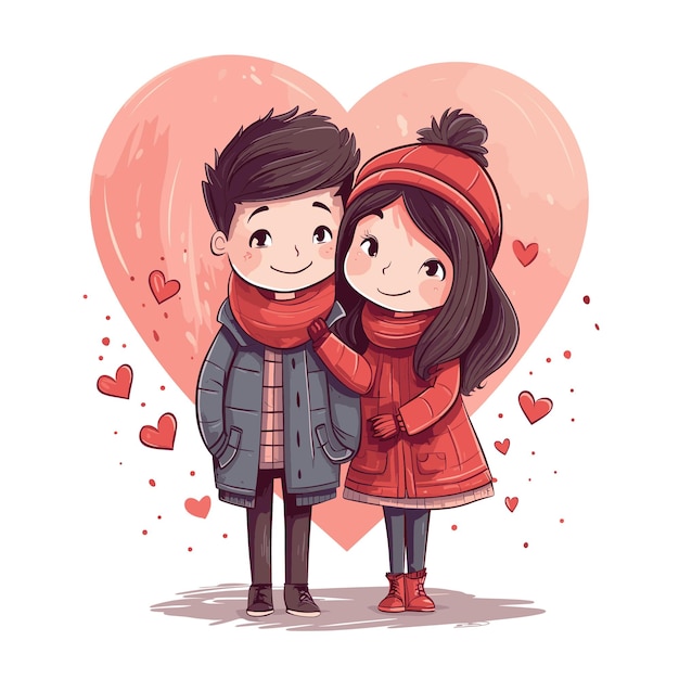 Vector lovely couple in winter jackets with hearts illustration