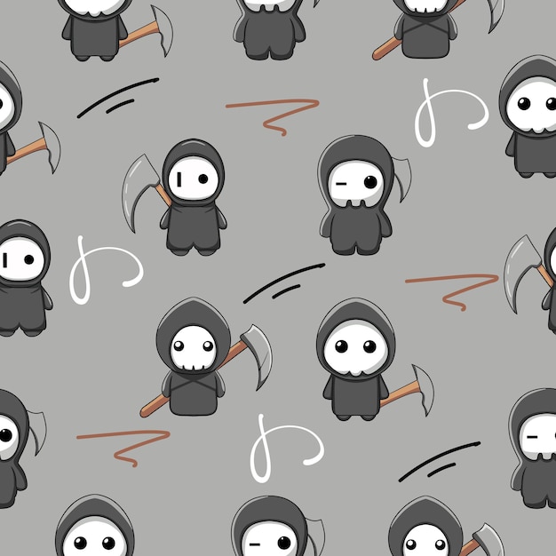 lovely cute grim reaper skull mascot character halloween seamless pattern premium vector