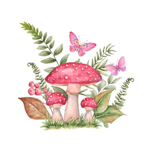 Lovely decorative wild mushroom with flowers and butterfly