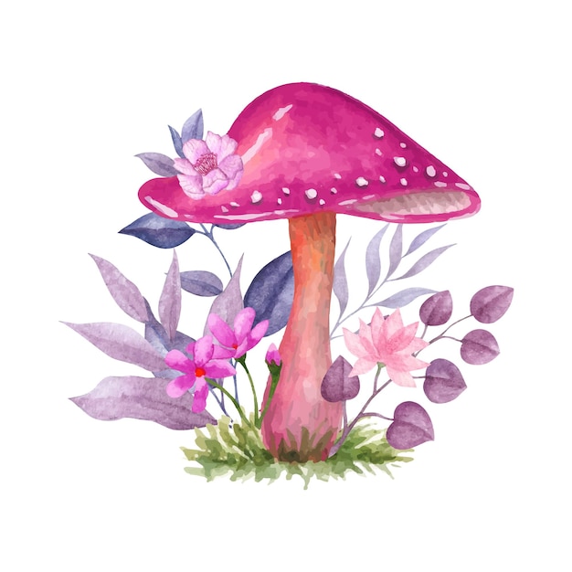 Lovely decorative wild mushroom with flowers and leaves