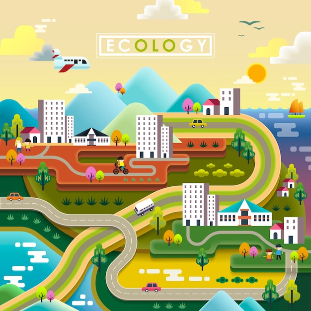 Lovely ecology flat design with colorful town scenery