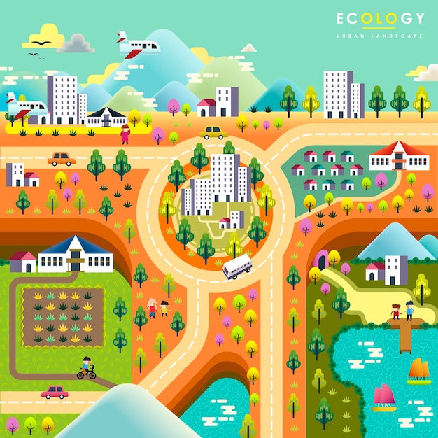 Lovely ecology flat design with colorful town scenery