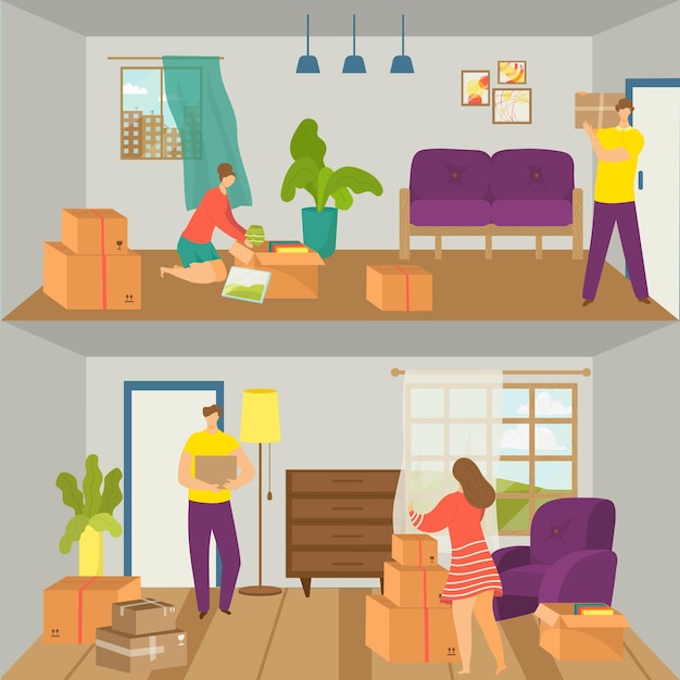 Lovely family people character together moving house couple change apartment flat vector illustratio...