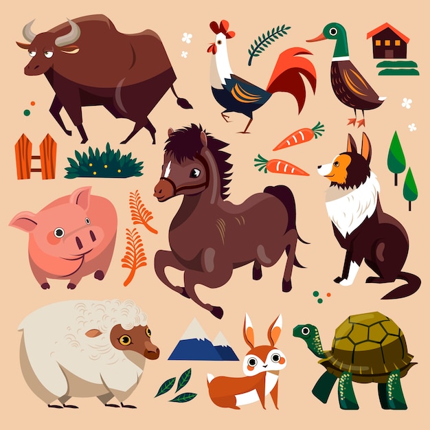 Lovely farm animals set in flat style