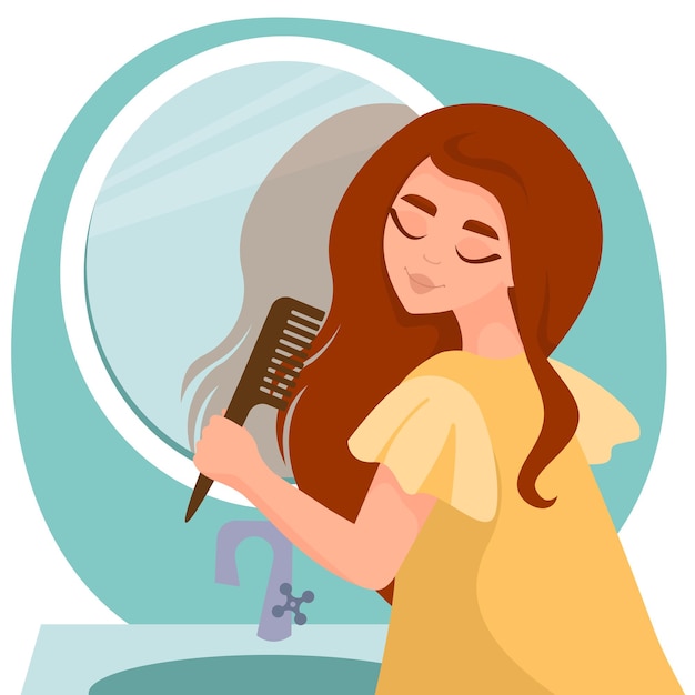 Lovely girl combing her long hair near mirror in bathroom. Concept of Beauty, Hair care, hair health