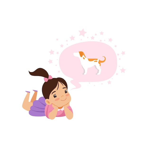 Lovely girl dreaming of a dog kids imagination and fantasy concept vector illustration on a white