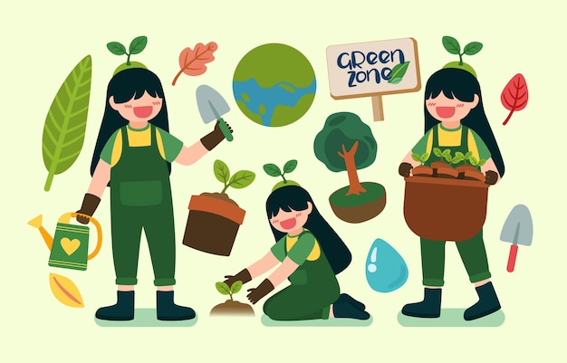 Lovely girl help to plant trees on happy earth day in cartoon character