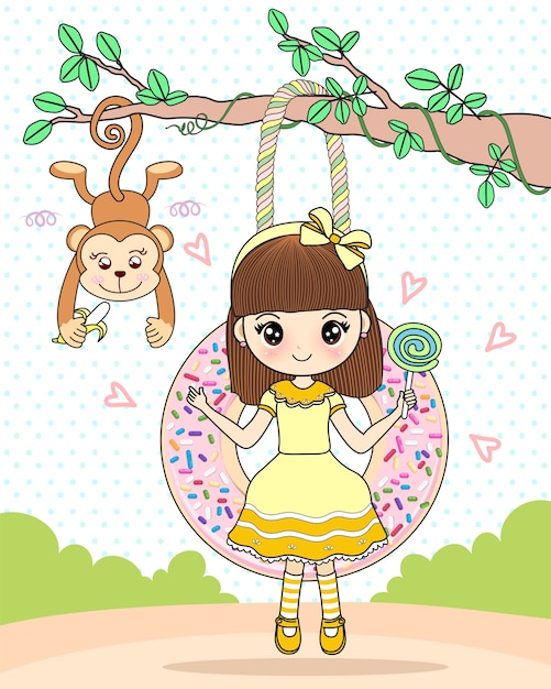 Lovely girl sitting on a donut swing with a monkey friend