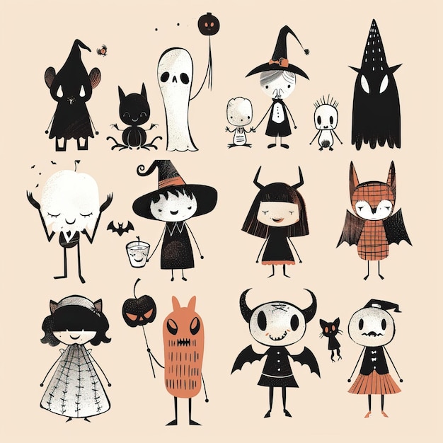 Vector lovely hand drawn halloween character collection halloween elements happy halloween