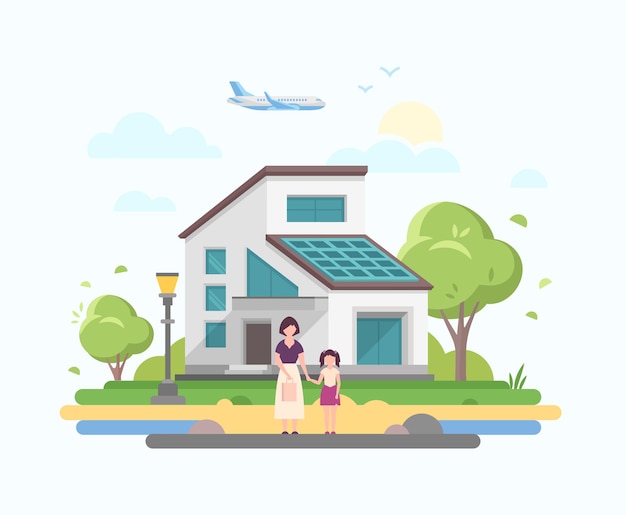 Lovely house - modern flat design style vector illustration on blue background. A composition with a small low-storey building, mother and daughter, lantern, trees, airplane, clouds, sun