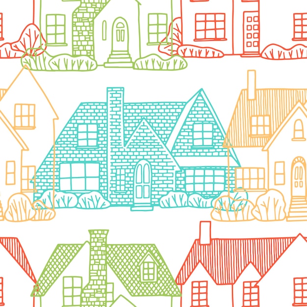 Lovely houses vector seamless pattern. Cozy home, homestead, cottage, villa. Ornament in vintage style. Design for wallpaper, background, textile.