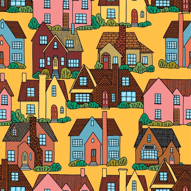 Lovely houses vector seamless pattern. Cozy home, homestead, cottage, villa. Ornament in vintage style. Design for wallpaper, background, textile.