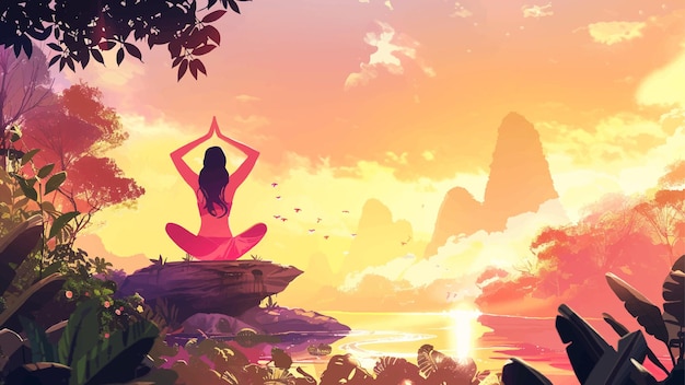 lovely illustration of a girl in a yoga pose on a rock with the sun behind her