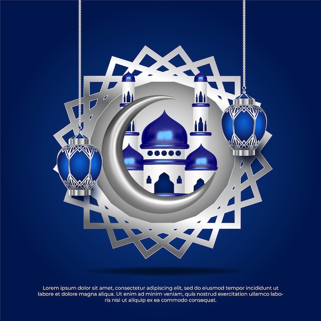 Lovely islamic eid al adha greeting with hanging lamps moon and mosque background