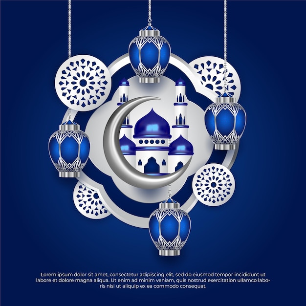 Lovely islamic eid al adha greeting with mosque moon and hanging lamps background