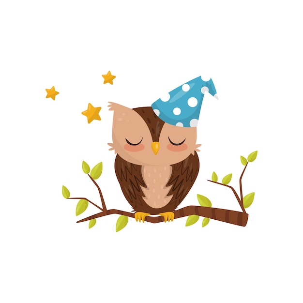 Lovely little owlet wearing blue hat sleeping on a branch at night cute bird cartoon character vector Illustration on a white background