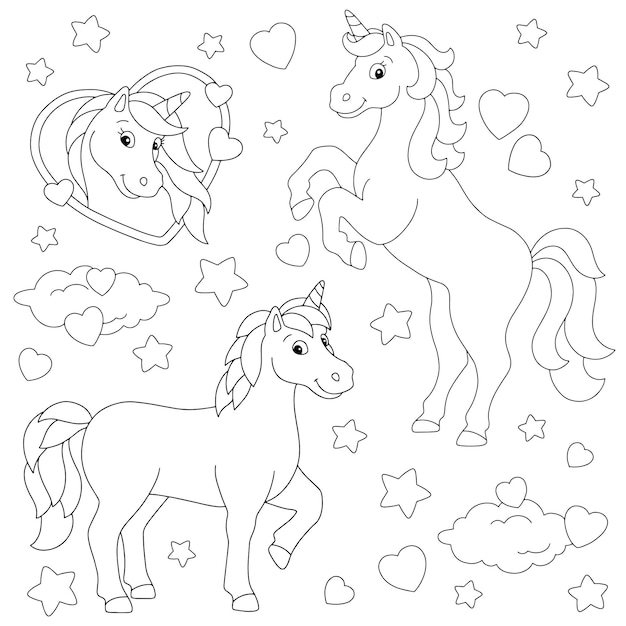 Lovely magical unicorns in love Coloring book page for kids