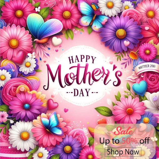 lovely mothers day poster with heart and flowers