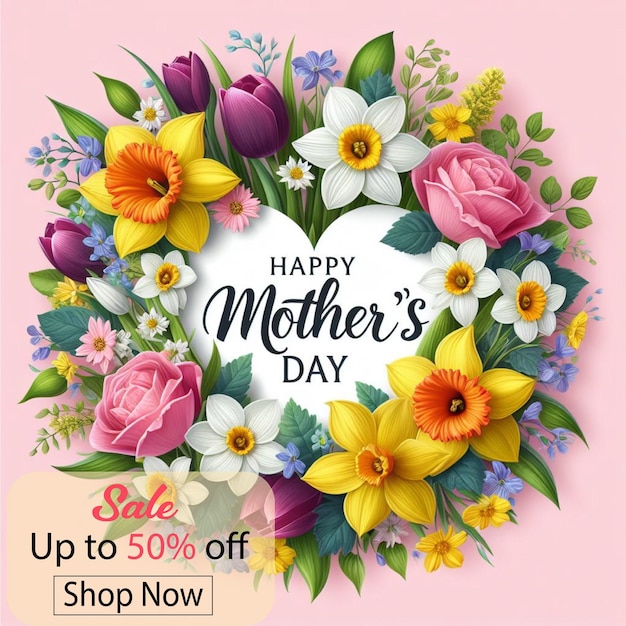 lovely mothers day poster with heart and flowers