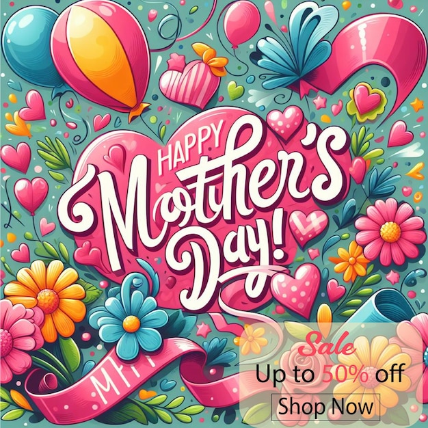 lovely mothers day poster with heart and flowers