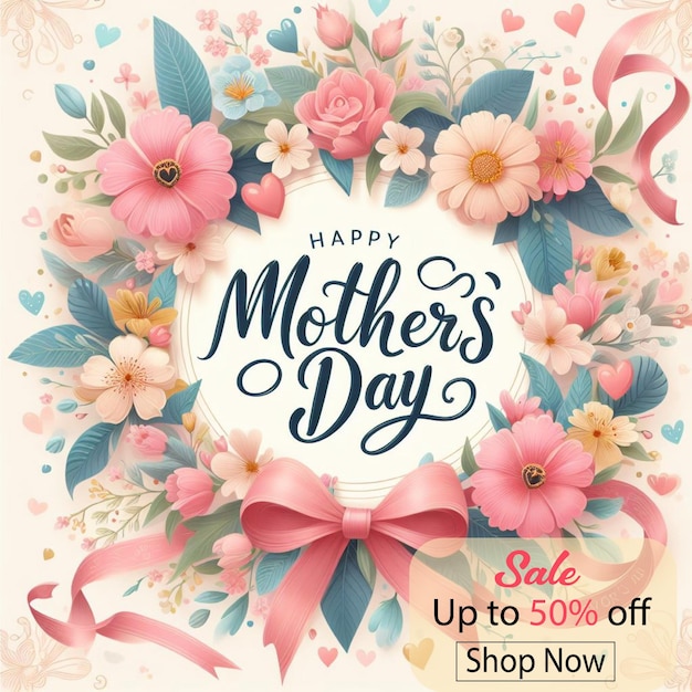 lovely mothers day poster with heart and flowers