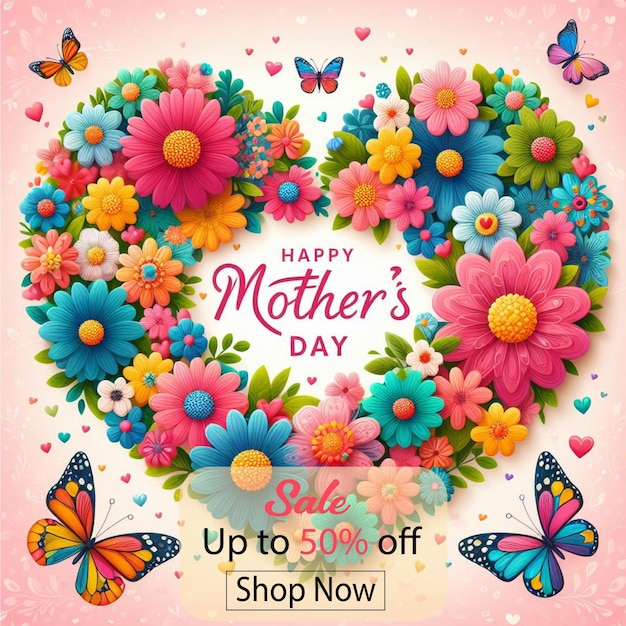 lovely mothers day poster with heart and flowers