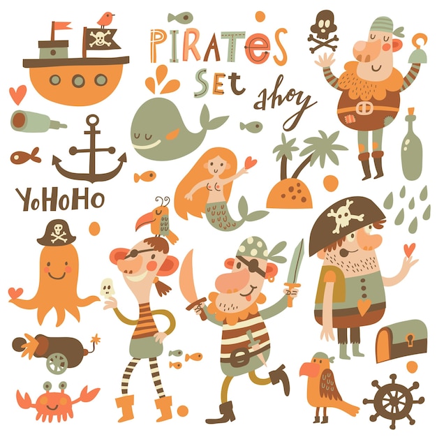 Lovely pirate set in cartoon style Sweet card with pirates ship whale crab octopus