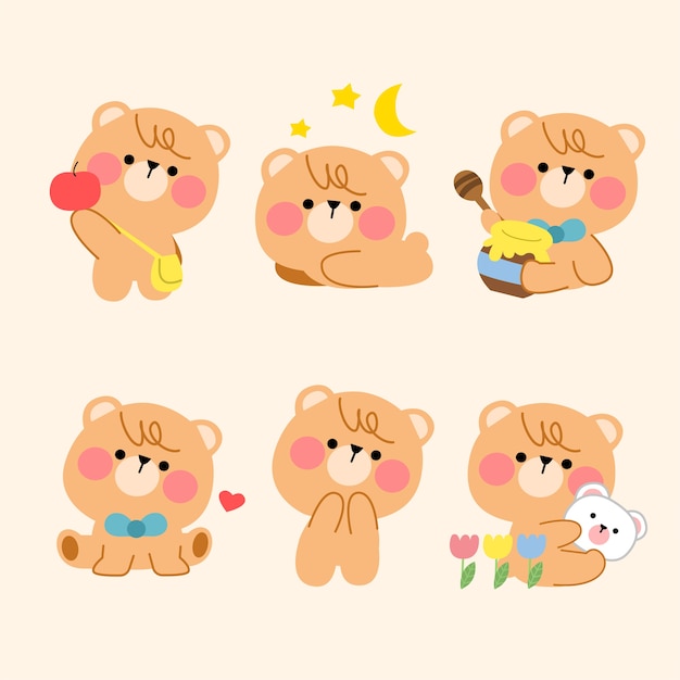 Lovely Playful Teddy Bear Simple Mascot Illustration Asset Collection