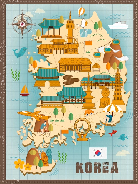 Lovely South Korea travel map design in flat style