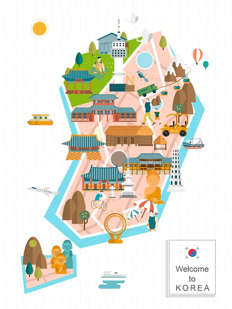 Lovely South Korea travel map in flat style