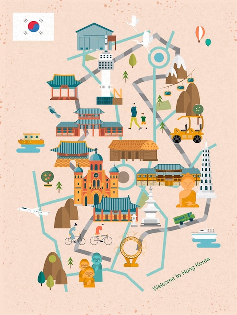 Lovely South Korea travel map in flat style