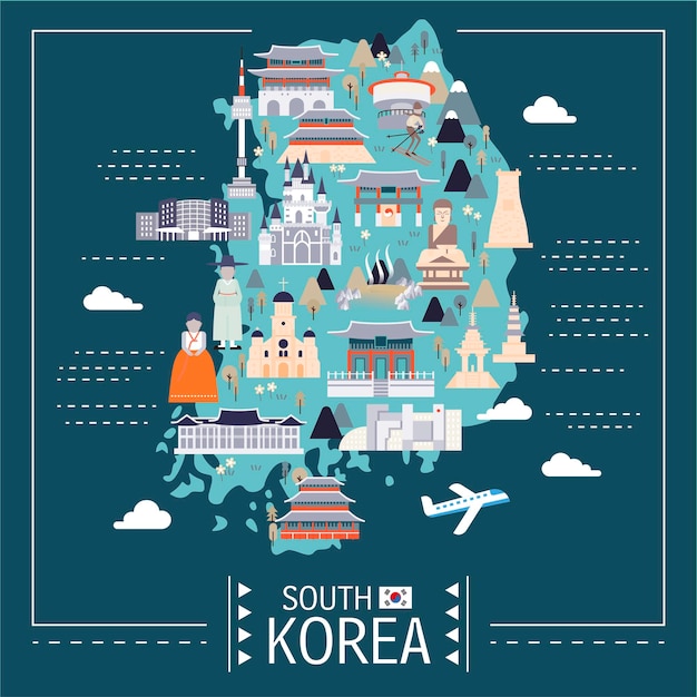 Lovely South Korea travel map in flat style