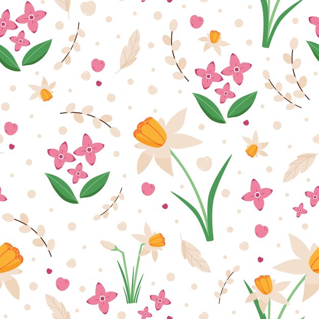 Lovely spring flowers in cute seamless vector pattern Blooming garden vector illustration