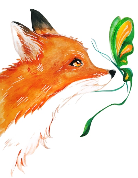 Lovely watercolor painting handmade Red fox and Butterfly Vector