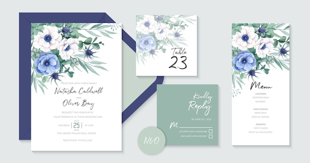 Lovely Wedding Invitation Templates with Beautiful White and Blue Anemone Flowers