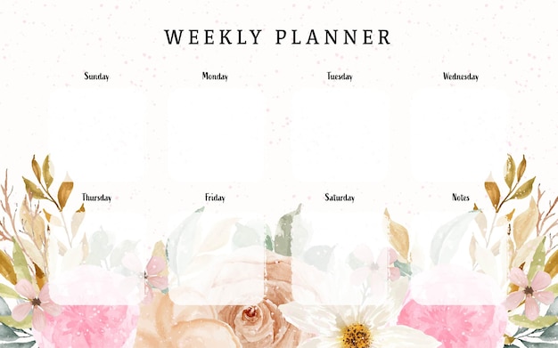 Lovely Weekly Planner with Rustic Spring Watercolor Floral Background