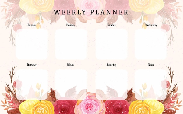 Lovely Weekly Planner with Yellow And Red Spring Watercolor Floral Background