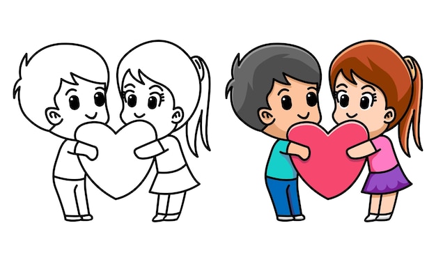 Lover couple hug heart together coloring page for kids