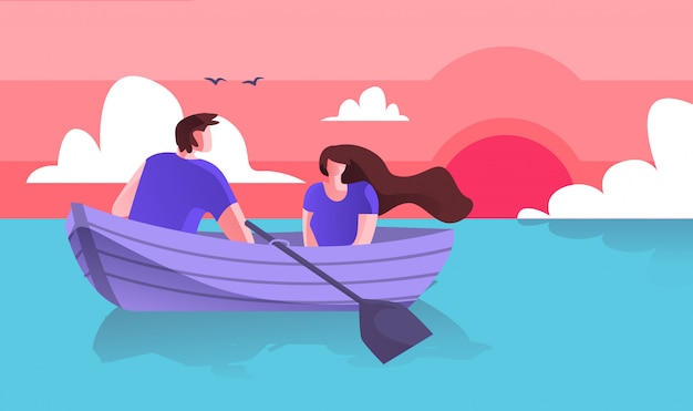 Lovers Guy with Girl Boating on Sea Cartoon Flat.