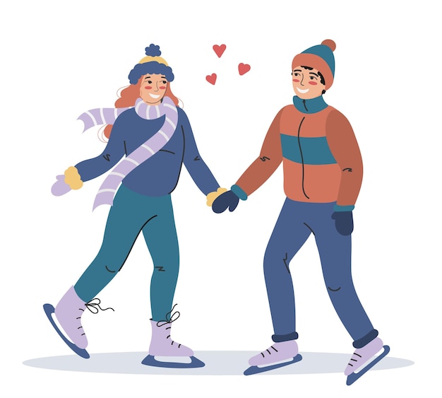 Lovers and happy young people are skating. Winter sports. Cute colorful characters in a flat style.