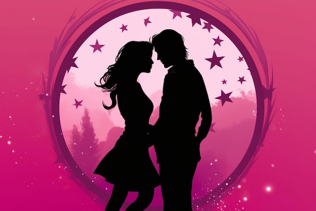 Vector lovers hugging silhouette on pink background