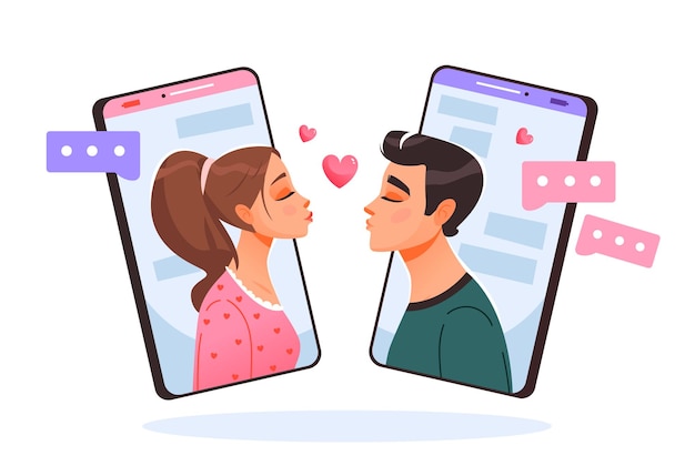 Lovers send love messages and kisses over the phone. Valentine's day. Cartoon vector illustration