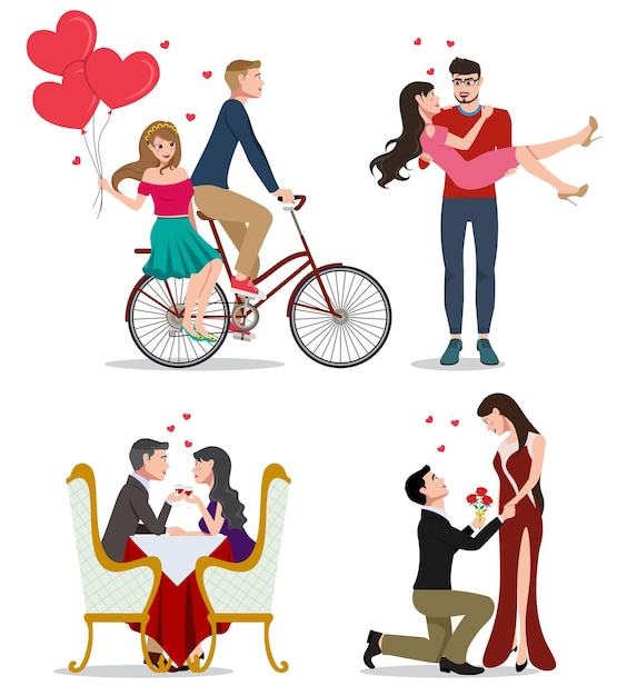 Lovers vector character set Pairs of valentines couples in bicycle dating and doing proposal