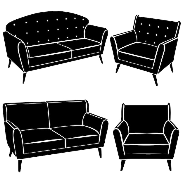 Vector loveseat sofa set silhouette black vector art on white background