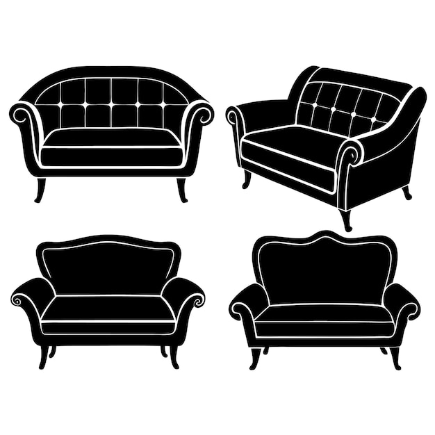 Vector loveseat sofa set silhouette black vector art on white background