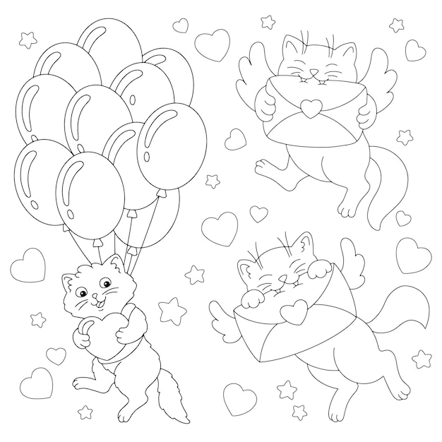 Loving cats Coloring book page for kids Valentine's Day