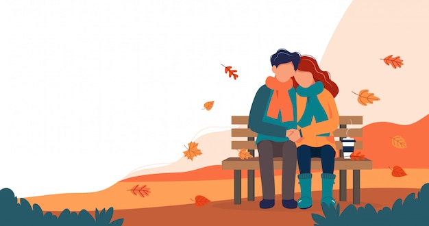 Vector loving couple on the bench in autumn. 