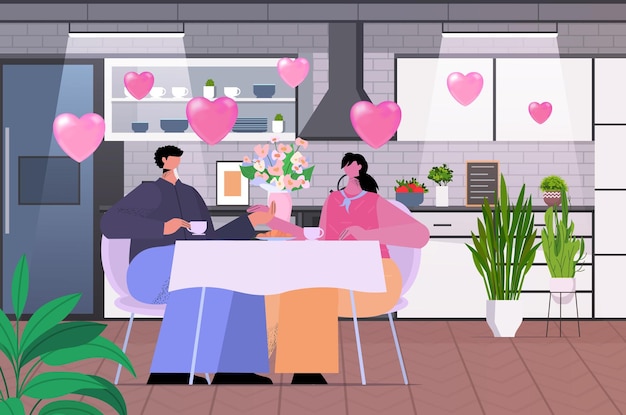 loving couple celebrating happy valentines day man woman in love drinking coffee at home modern kitchen interior horizontal vector illustration