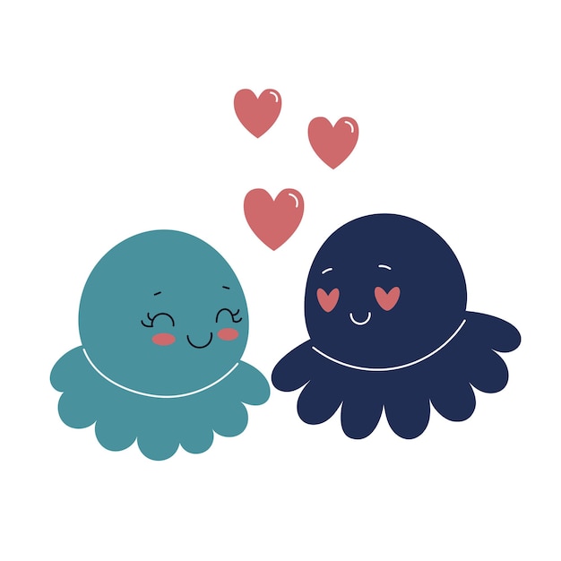 Loving couple of cute octopuses underwater animals marine fauna vector illustration for valentines