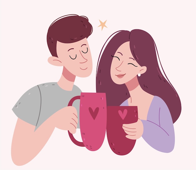 Loving couple drinking morning coffee. Large cups. Romance in pastel colors.